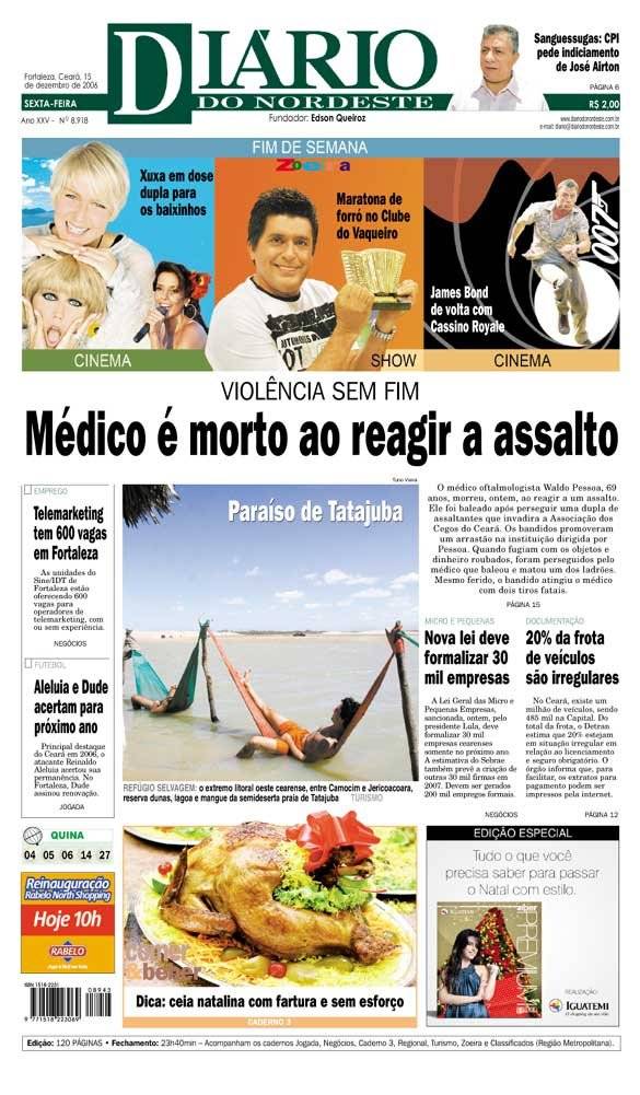 CAPA DO JORNAL DIRIO DO NORDESTE DO DIA 15/12/2006